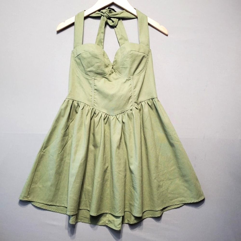 Princess Polly Lyle Halterneck Corset Mini Skater Dress Womens 8 Green Preppy